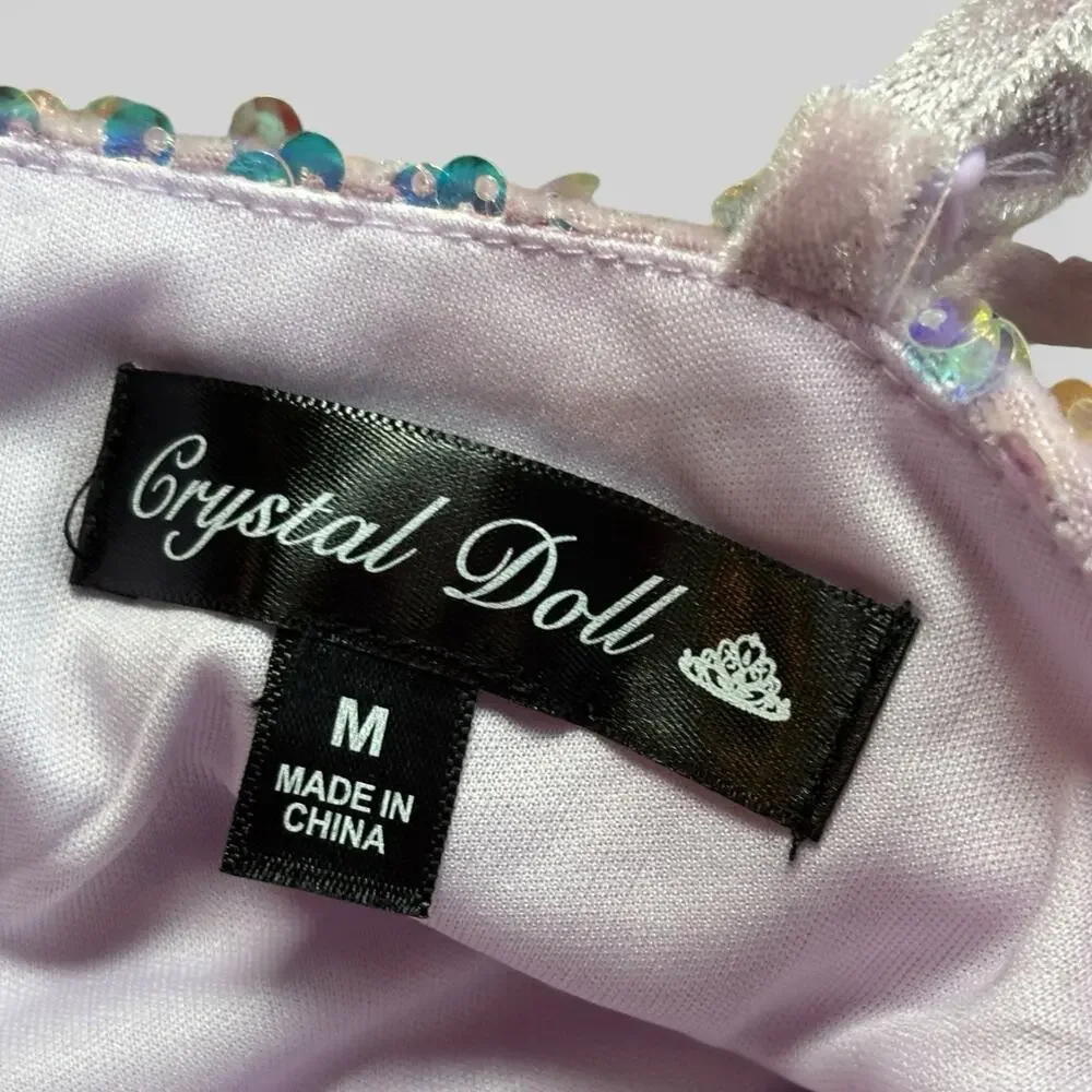 Crystal Doll Sequin Dress Size Medium Purple Feather Trim Y2K Party Formal Mini - Picture 5 of 6